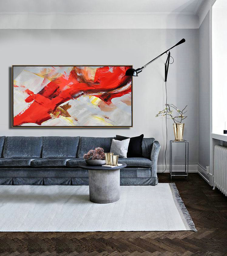 Original Abstract Painting Extra Large Canvas Art,Horizontal Palette Knife Contemporary Art Panoramic Canvas Painting,Huge Canvas Art On Canvas,Red,White,Yellow.etc